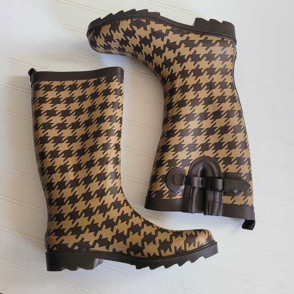 Capelli Rubber Boots Womens 8 Brown Houndstooth Check Waterproof Rain Boots - Picture 6 of 14